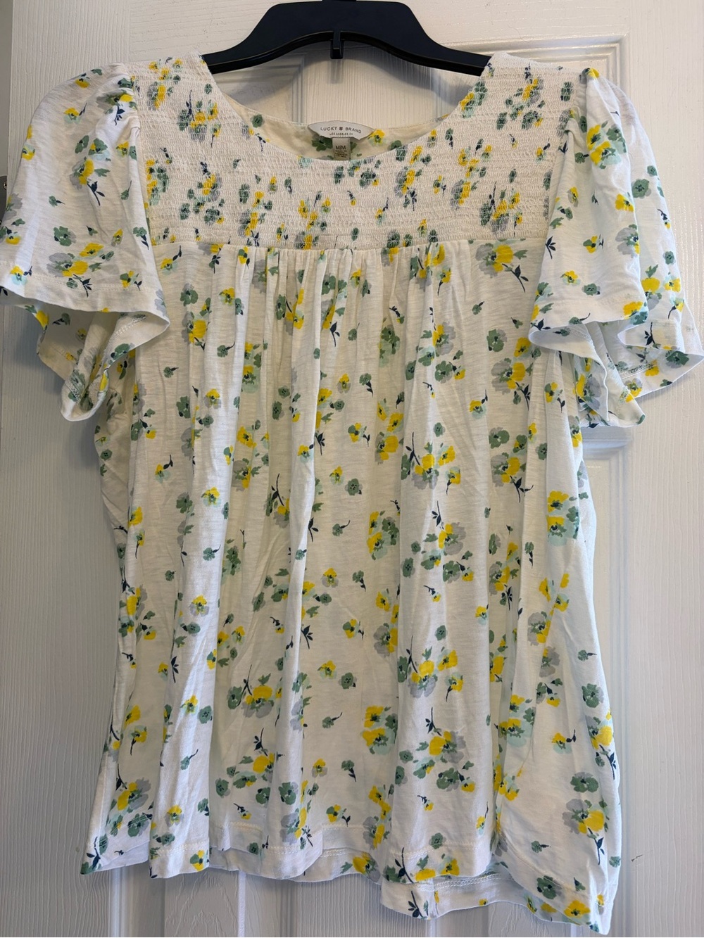 Lucky Brand White Floral Smocked Flutter Sleeve Blouse - Yellow & Green
